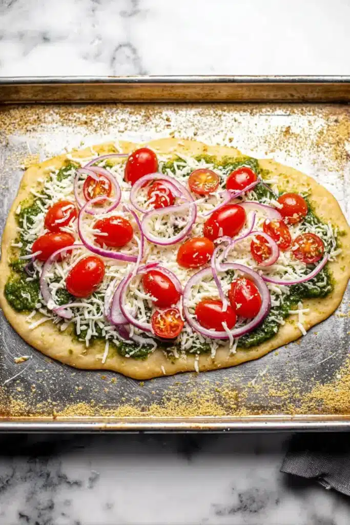 Easy Mediterranean Flatbread Pizza with pesto, cheese, tomatoes, and onions before baking