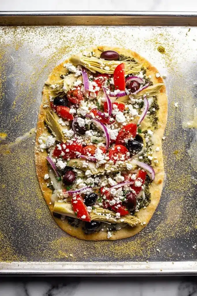 Easy Mediterranean Flatbread Pizza topped with artichokes, olives, tomatoes, onions, and feta before baking