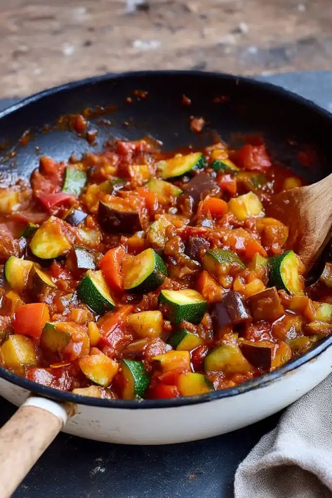 Easy ratatouille recipe cooking in pan with zucchini, eggplant, and tomato sauce