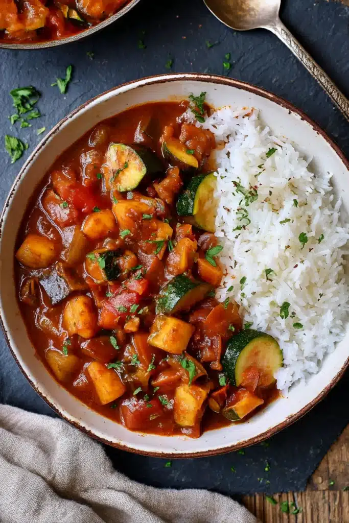 Easy ratatouille recipe served in bowl with rice and fresh herbs
