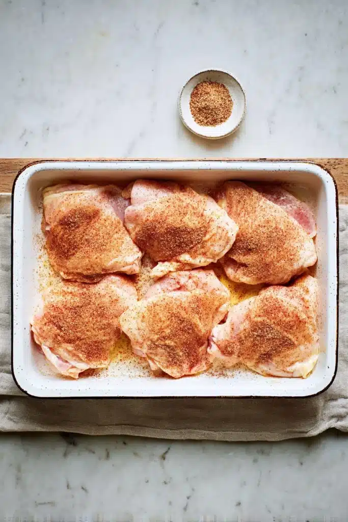Easy Skillet Chicken Thighs seasoned with dry rub in white tray before cooking