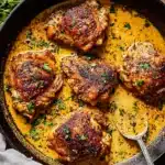 Easy Skillet Chicken Thighs in garlic cream sauce with crispy skin in cast iron pan