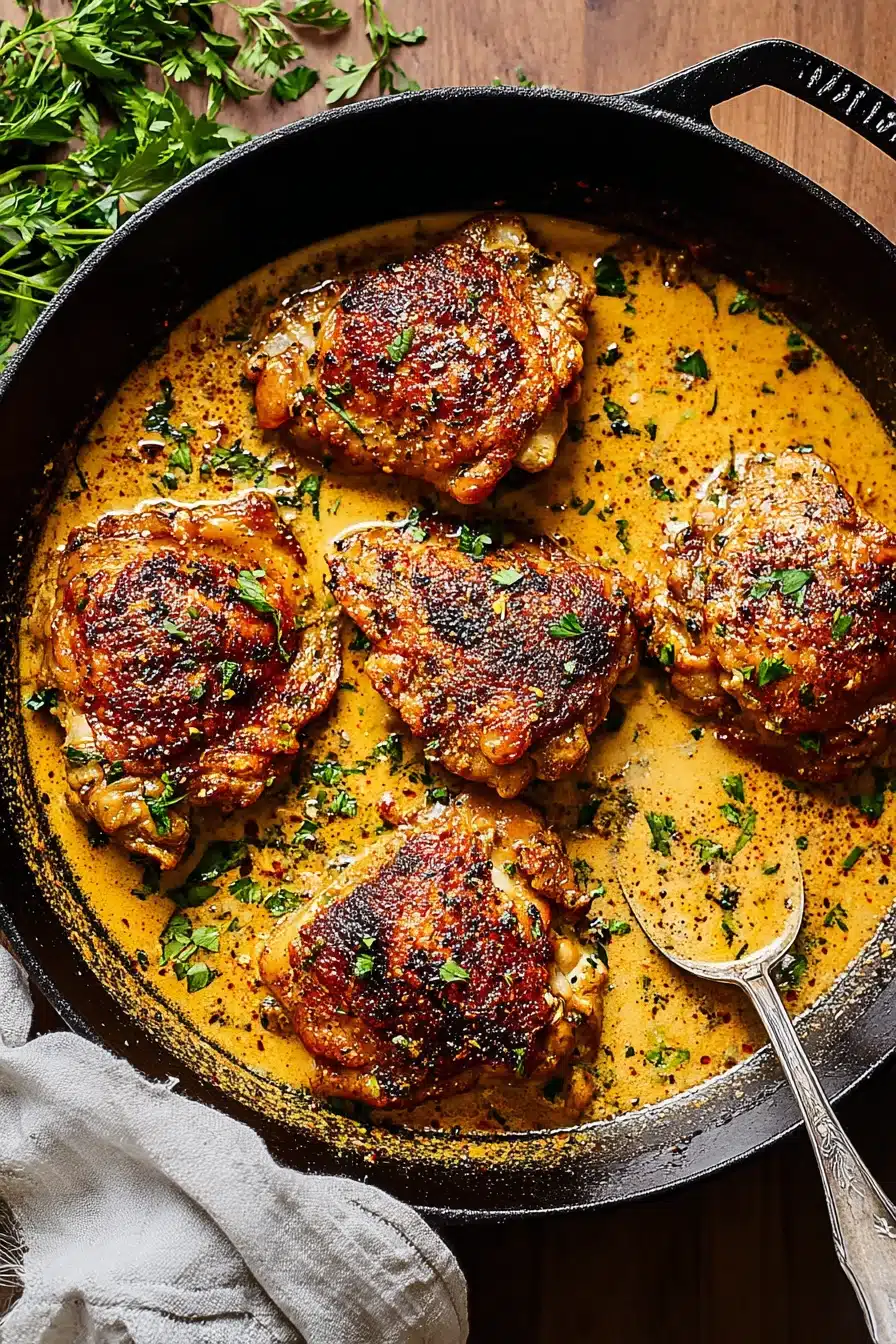 Easy Skillet Chicken Thighs in garlic cream sauce with crispy skin in cast iron pan