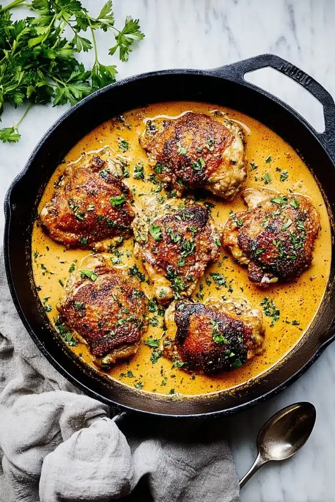 Easy Skillet Chicken Thighs in creamy garlic sauce with parsley garnish