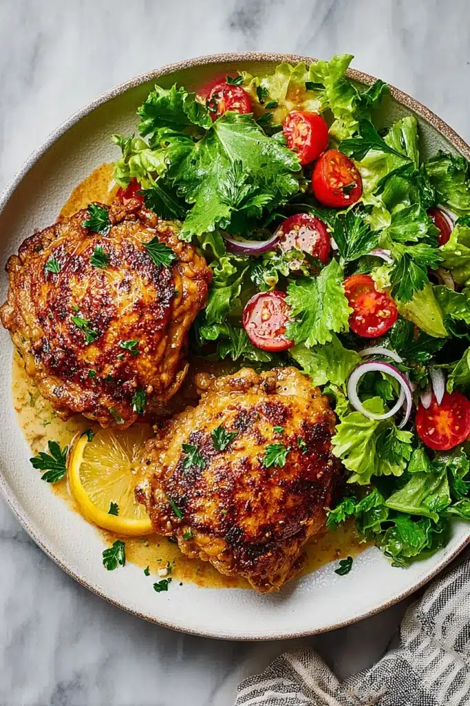 Easy Skillet Chicken Thighs with salad on white plate