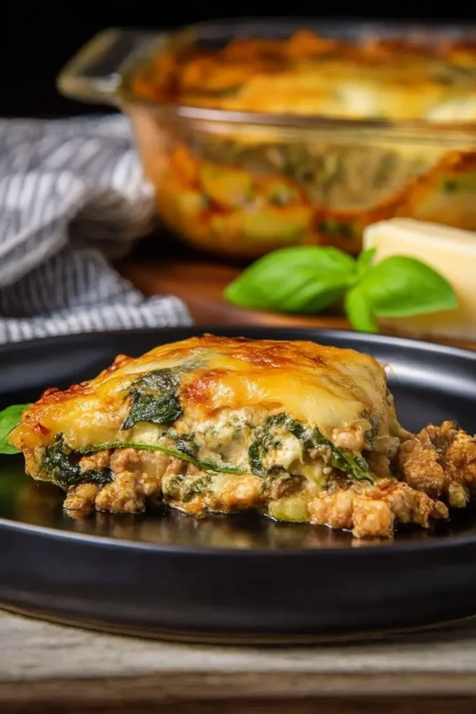 Easy Zucchini Lasagna | Family Favorite Low-Carb Dinner 8 Easy zucchini lasagna slice on black plate with golden cheese and visible zucchini layers