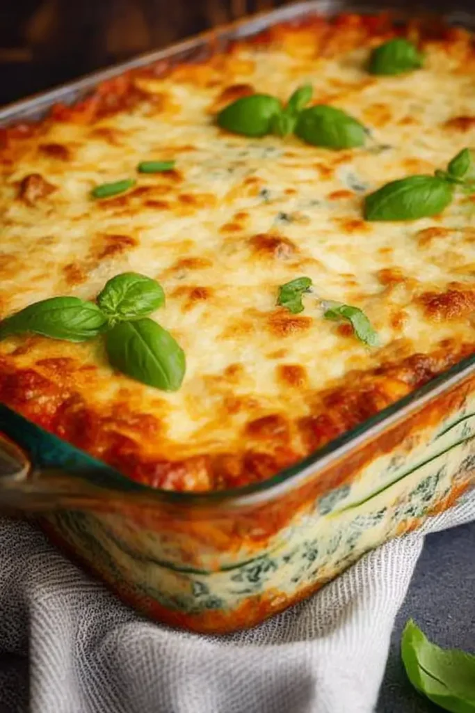 Easy zucchini lasagna with golden cheese top and visible layered filling in a glass dish