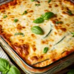 Easy Zucchini Lasagna | Family Favorite Low-Carb Dinner 11 Easy zucchini lasagna in a glass baking dish topped with golden cheese and fresh basil