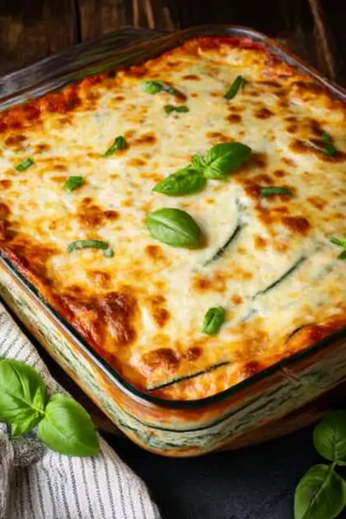 Easy zucchini lasagna in a glass baking dish topped with golden cheese and fresh basil