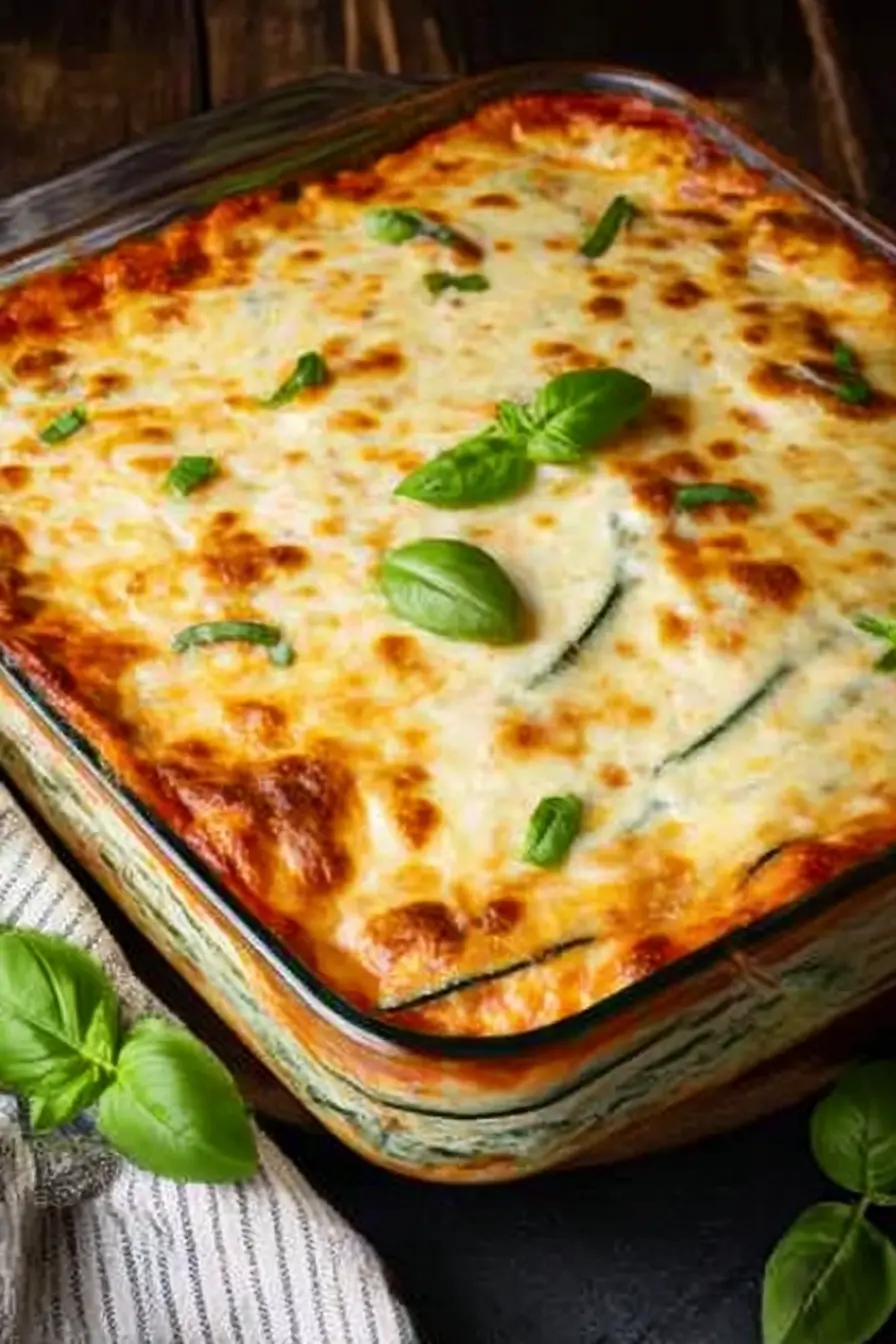 Easy zucchini lasagna in a glass baking dish topped with golden cheese and fresh basil