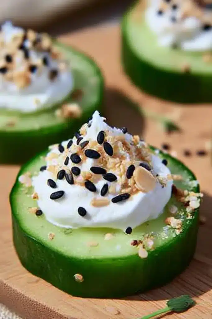 Everything Bagel Cucumber Bites topped with whipped cream cheese on a wooden board