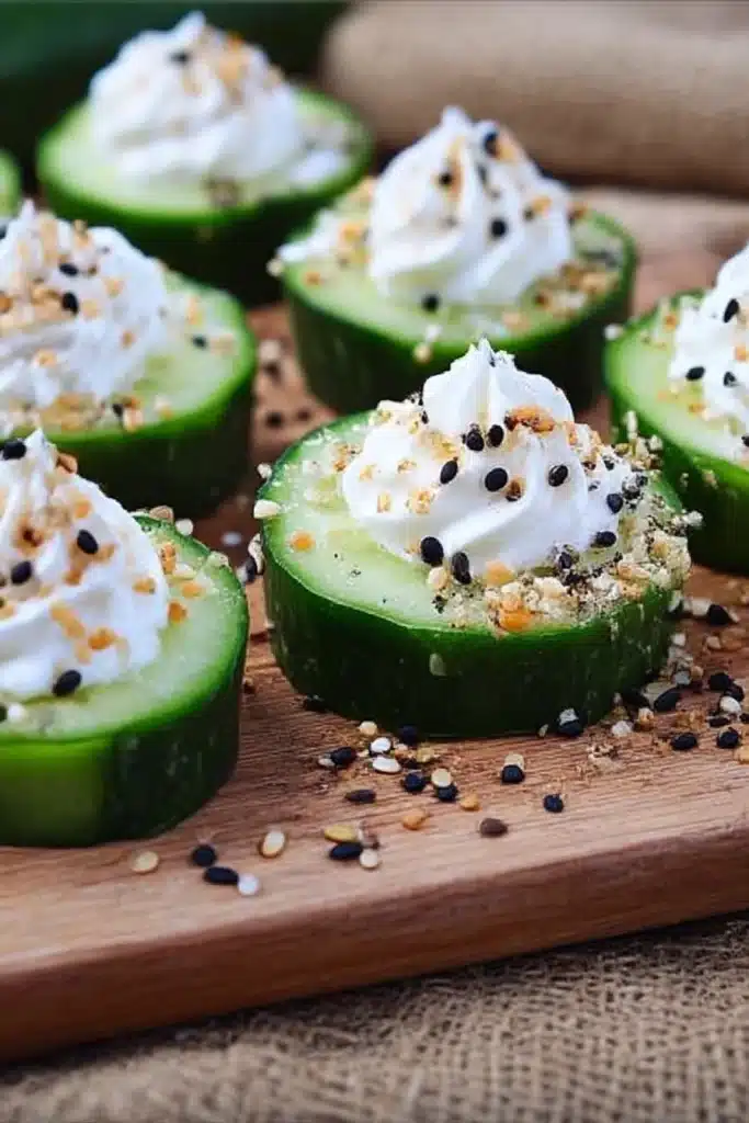 Everything Bagel Cucumber Bites on a rustic board with whipped cream cheese and seasoning