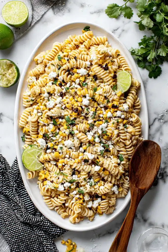 Creamy Street Corn Pasta Salad – Quick & Flavorful Favorite 9 Creamy street corn pasta salad served on a white platter with grilled corn and lime