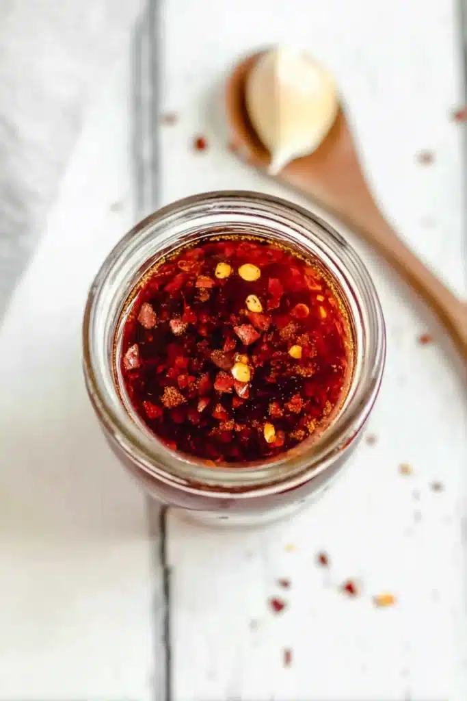 Jar of finished garlic chili oil with chili flakes
