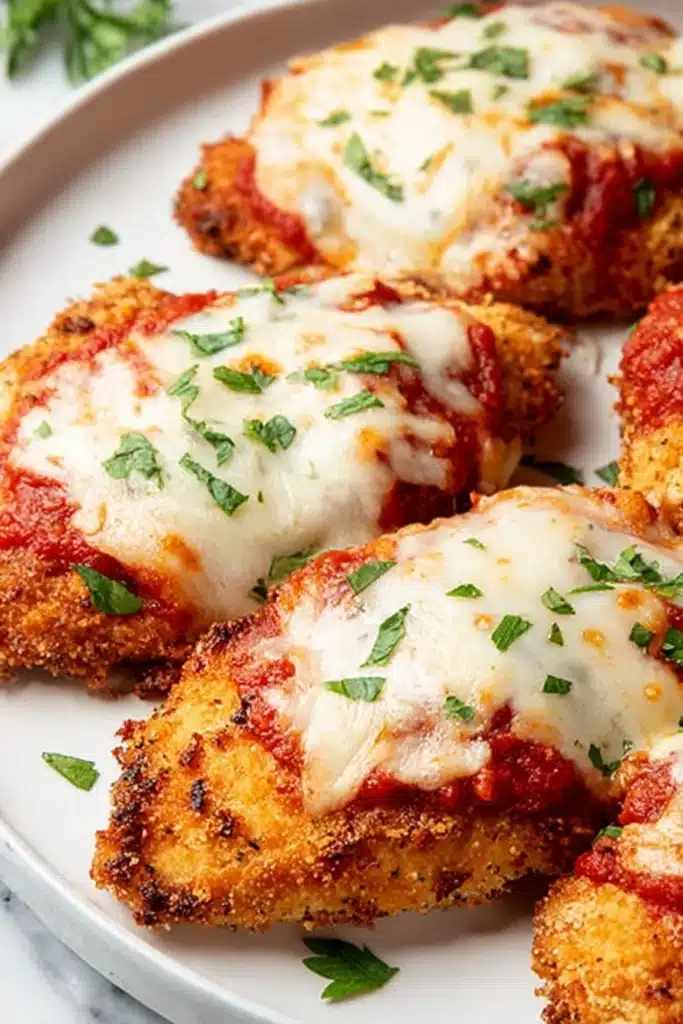 Crispy air fryer chicken parmesan with melted mozzarella and marinara
