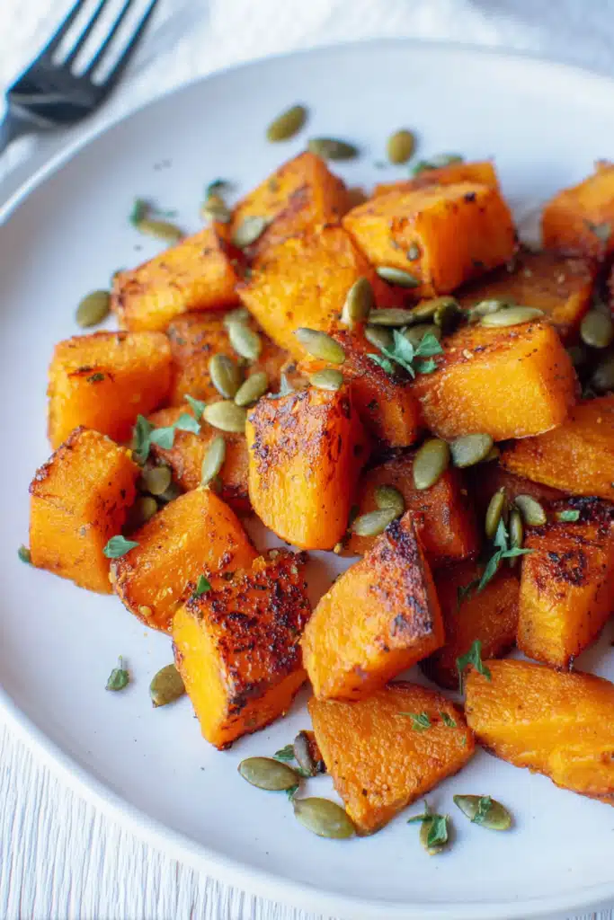Crispy roasted air fryer pumpkin on white plate with seeds