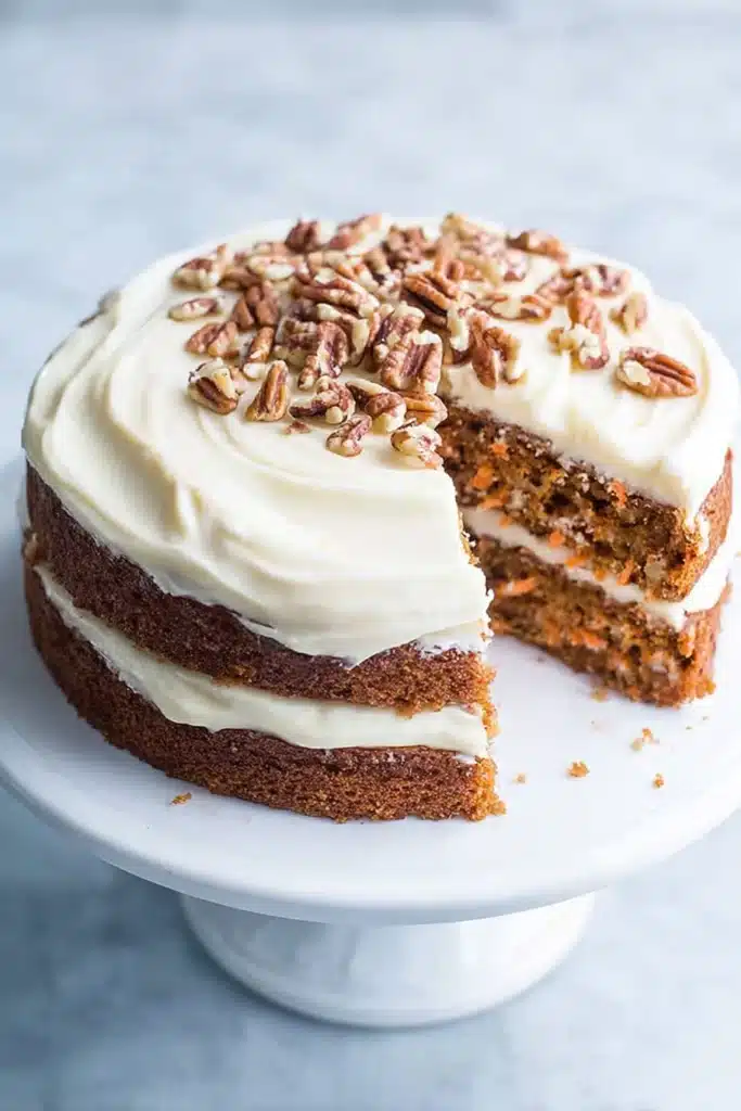 Frosted easy carrot cake topped with chopped pecans on a white cake stand