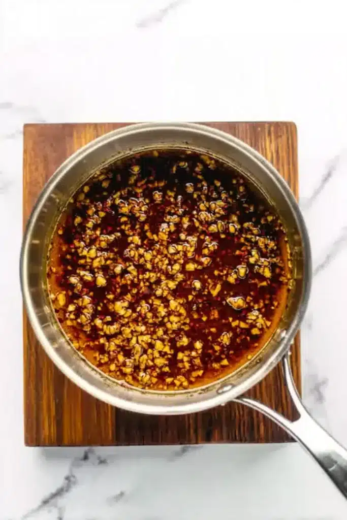 Steeped garlic chili oil with golden garlic and red flakes