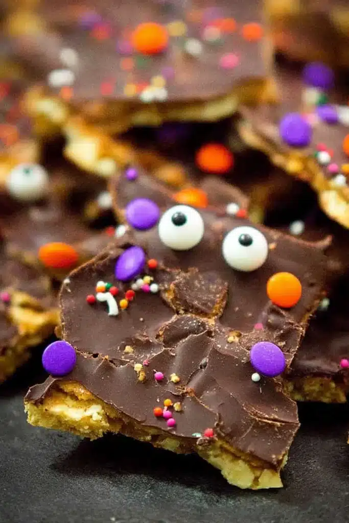 Halloween Crack | Sweet, Crunchy, and Fun to Make 11 Halloween Crack pieces with chocolate, candy eyes, and spooky sprinkles