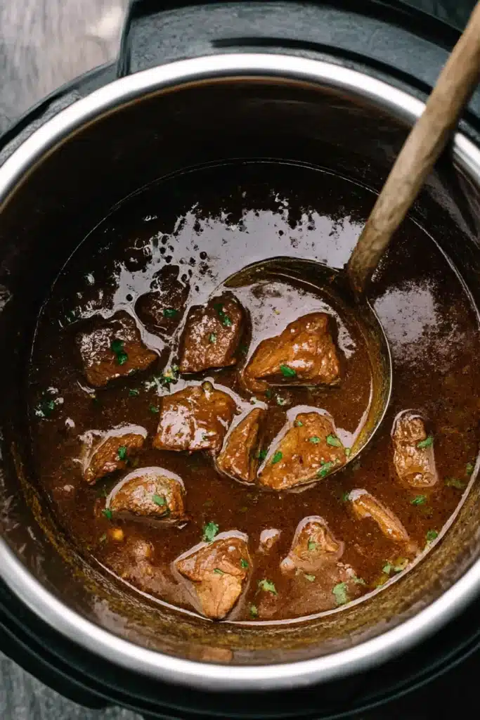 Instant Pot Beef Tips – Tender & Easy Dinner Recipe 9 Instant Pot full of beef tips in thick brown gravy with ladle
