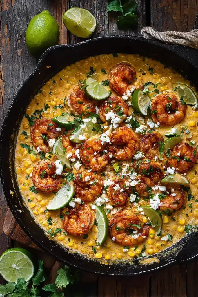 Shrimp and Creamed Corn: Easy, Amazing Dinner 19 Final shrimp and creamed corn skillet with lime, feta, and cilantro