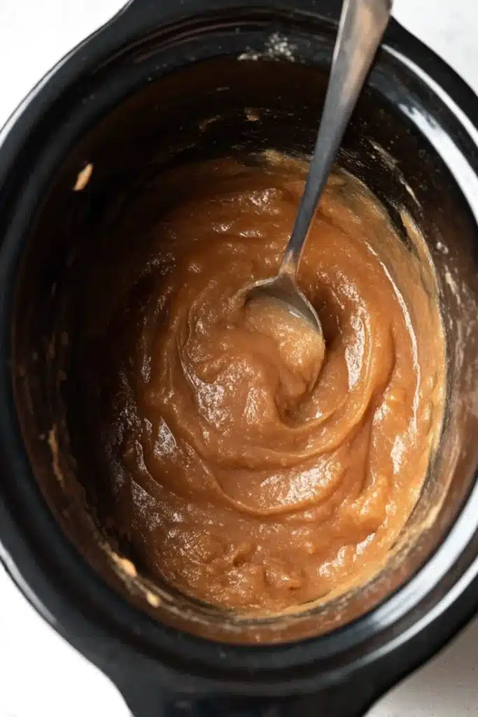 Slow Cooker Apple Butter – Easy & Delicious Recipe 17 Thick and glossy apple butter in a slow cooker with spoon after final cooking step.