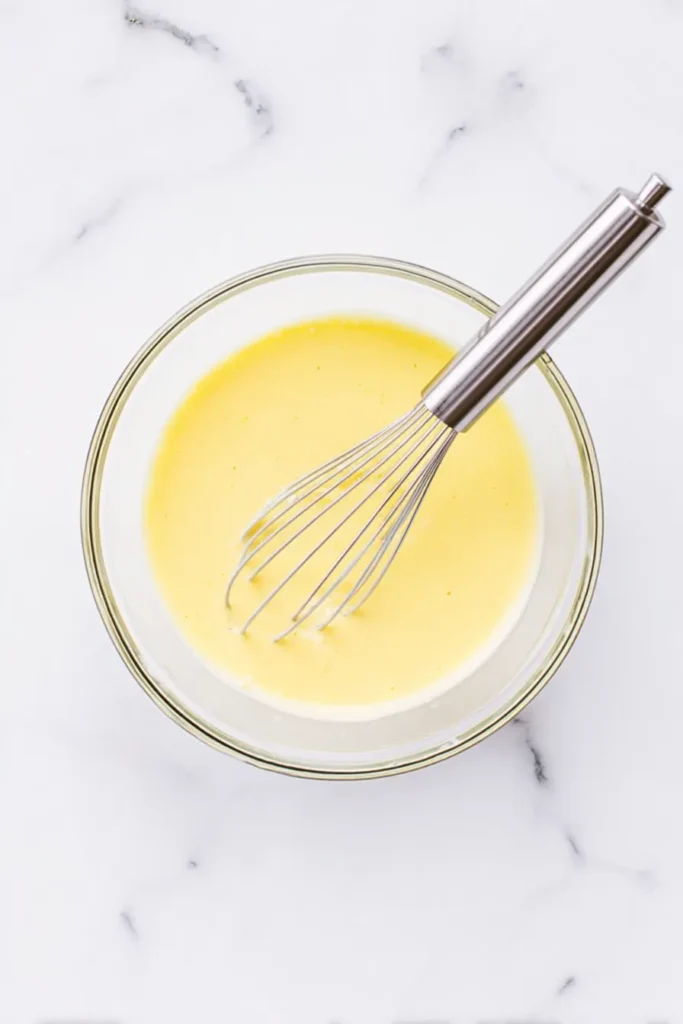 Fluffy Japanese Soufflé Pancakes – Soft & Jiggly Delight 8 Whisking smooth yolk batter for fluffy Japanese soufflé pancakes in a glass bowl