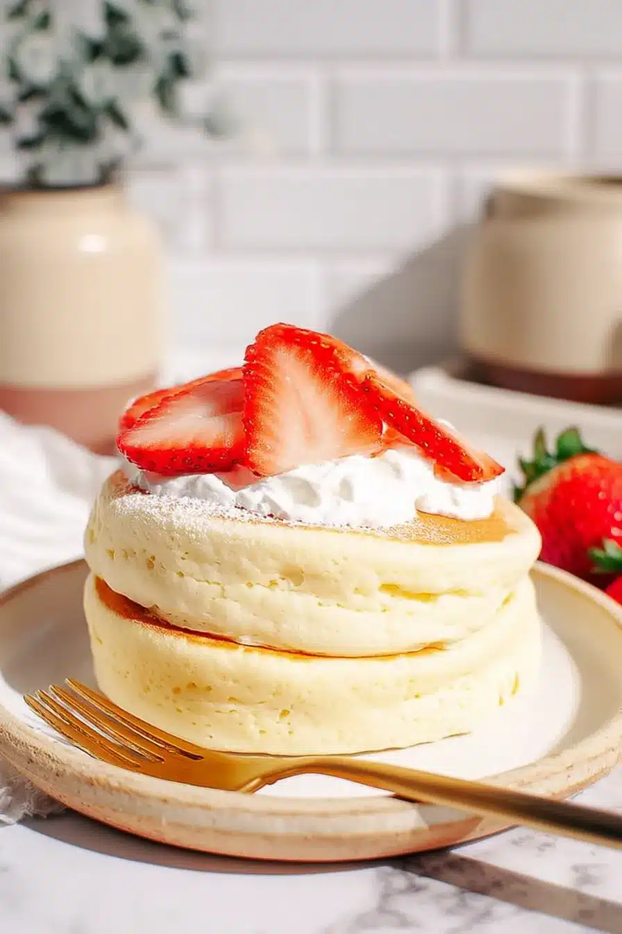 Stack of fluffy Japanese soufflé pancakes with strawberries and whipped cream