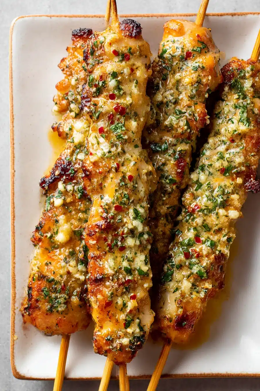 Ranch Garlic Parmesan Chicken Skewers topped with crispy cheese, garlic, and herbs on a white plate