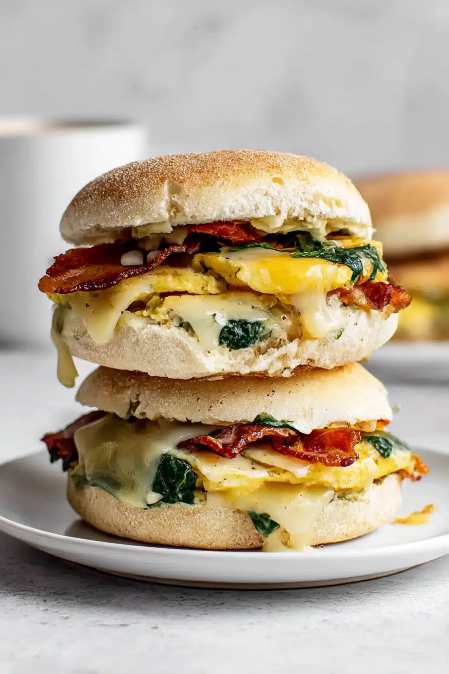 Meal Prep Breakfast Sandwiches stacked with spinach eggs, crispy bacon, and melted cheese on a ceramic plate