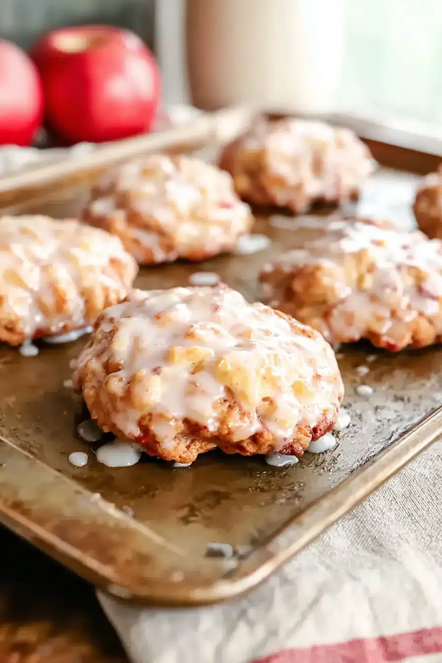 Glazed baked apple fritters with golden edges on a rustic tray