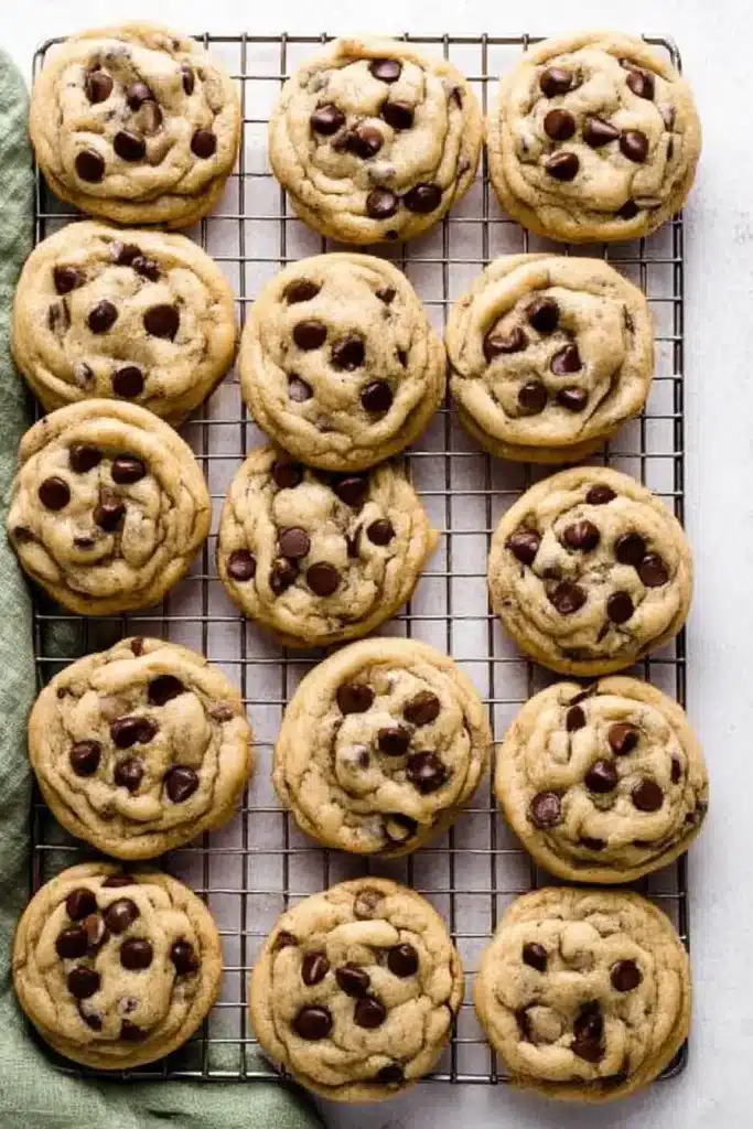 Chewy Chocolate Chip Cookies | Soft, Thick & Delicious 17 Freshly baked chocolate chip cookies cooling on a wire rack with golden edges and melted chocolate chips