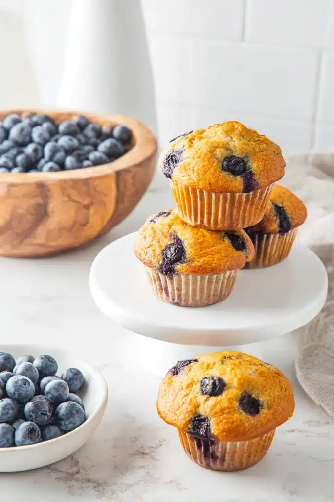 Blueberry cottage cheese muffins on a white cake stand with a bowl of fresh blueberries in the background