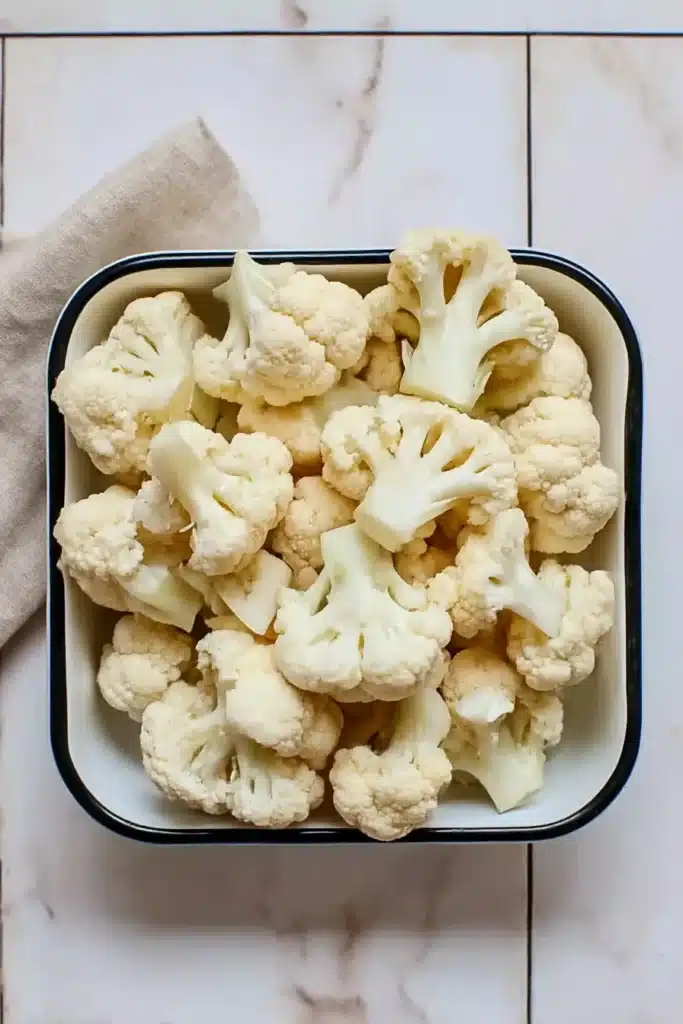 Bowl of fresh cauliflower florets on a marble background with linen napkin