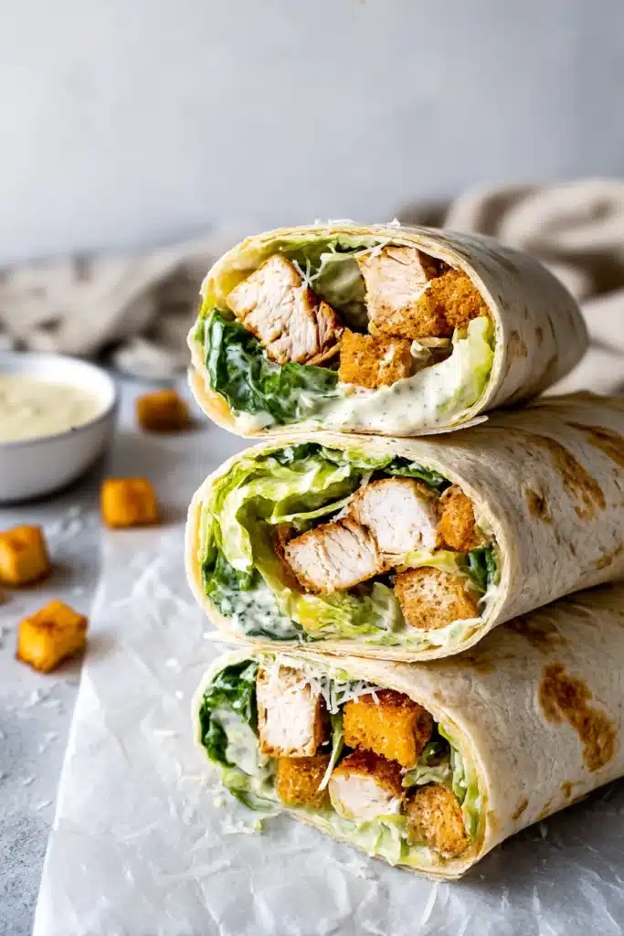 Close-up of stacked chicken Caesar wraps with lettuce, chicken, croutons, parmesan, and creamy dressing on a tortilla.