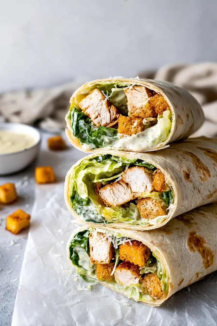 Close-up of stacked chicken Caesar wraps with lettuce, chicken, croutons, parmesan, and creamy dressing on a tortilla.