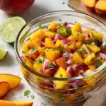 Fresh Peach Salsa in glass bowl with lime and cilantro