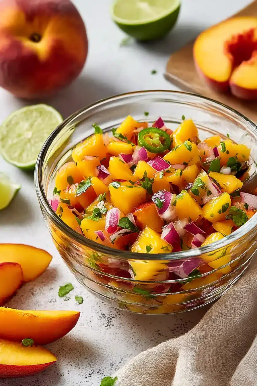 Fresh Peach Salsa in glass bowl with lime and cilantro