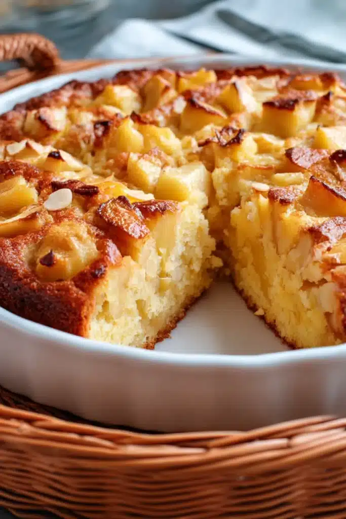 Freshly baked Italian apple cake with caramelized apples in a white dish