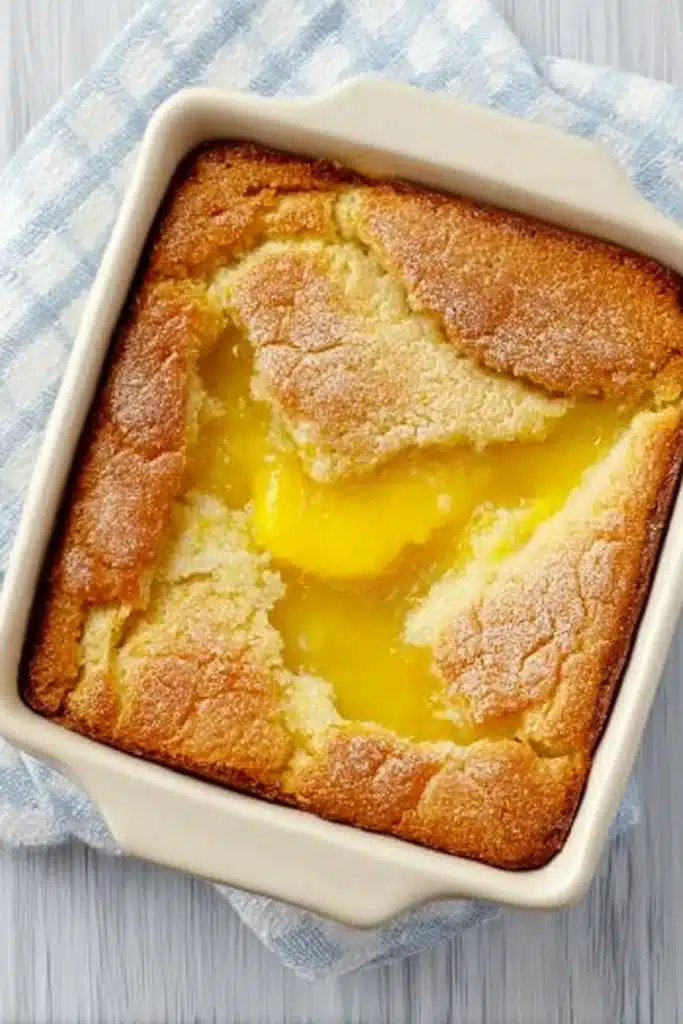 Baked magic lemon cobbler with golden crust and lemon filling