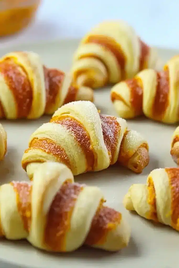 Baked mini pumpkin pie crescent rolls with golden layers and pumpkin filling