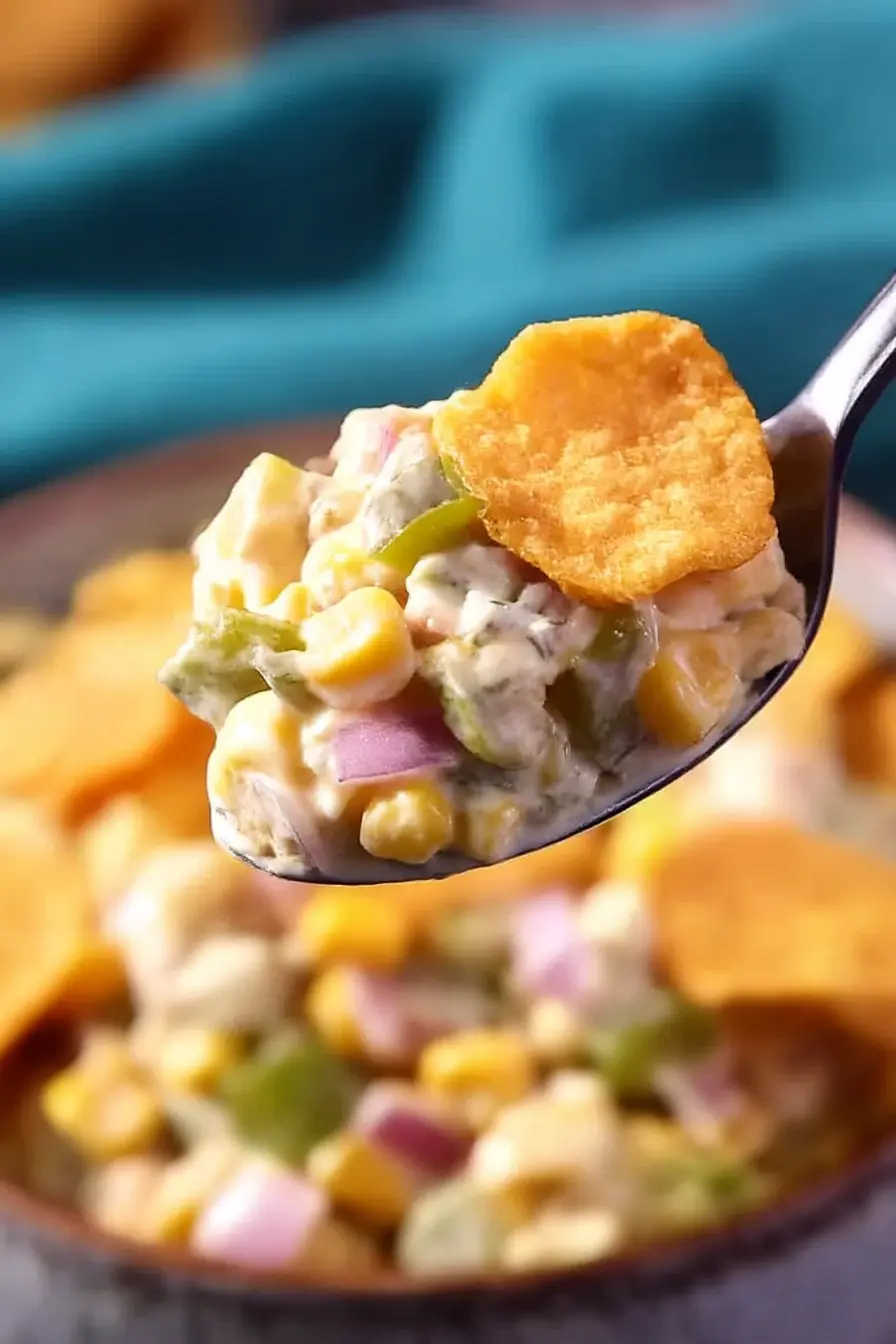 Spoonful of Frito Corn Salad with crispy chips, corn, peppers, and creamy dressing