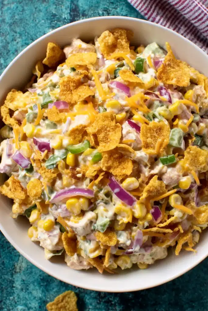 Frito Corn Salad – Ultimate Crunchy Summer Favorite 8 Overhead view of Frito Corn Salad topped with crushed chili cheese chips