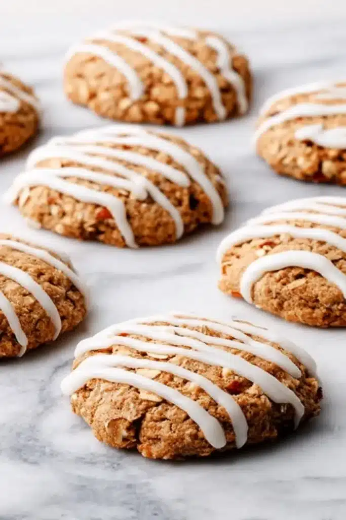 Carrot Cake Cookies: Soft, Sweet & Totally Delicious 19 Angled view of soft carrot cake cookies with white frosting on a stone surface