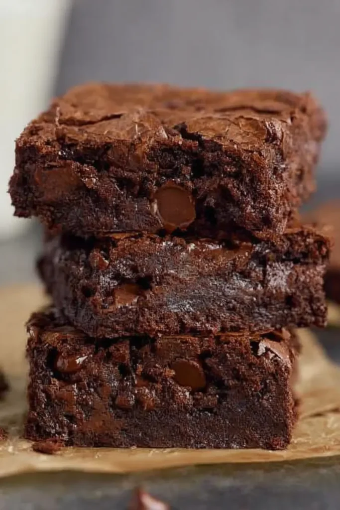 Stack of fudgy homemade brownies with crackly tops and melted chocolate chips