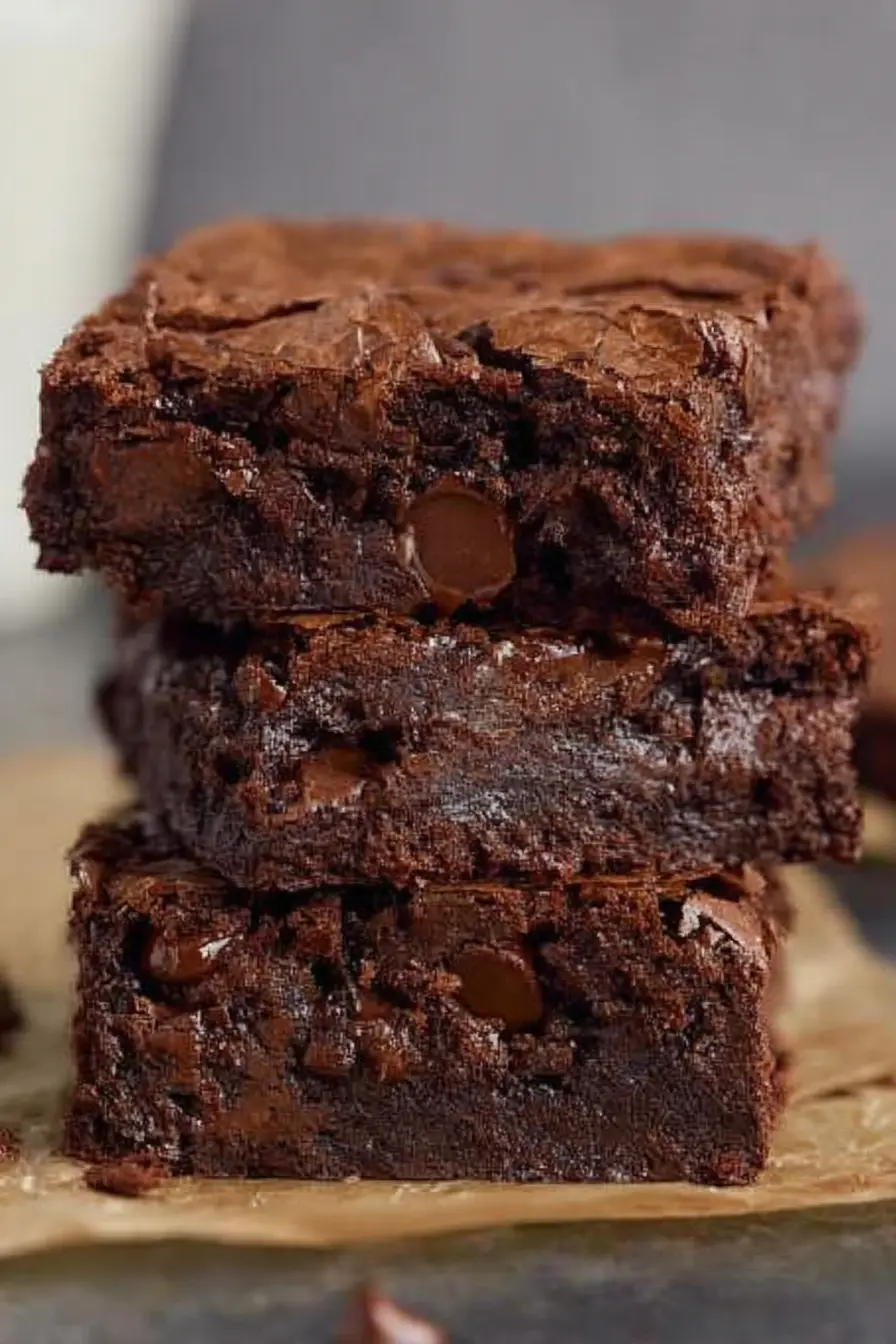 Stack of fudgy homemade brownies with crackly tops and melted chocolate chips