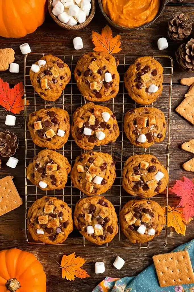 Pumpkin S’mores Cookies cooling on rack with fall ingredients