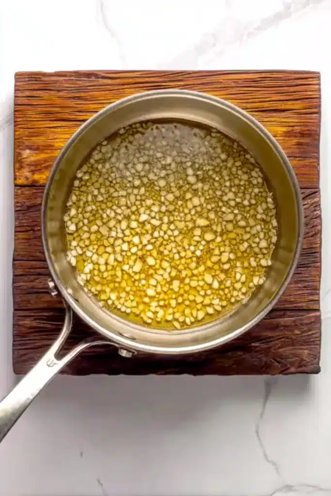 Garlic gently bubbling in oil while making garlic chili oil