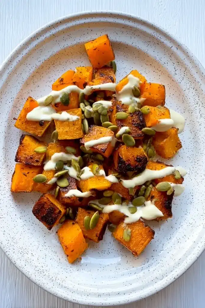 Air Fryer Pumpkin | Quick, Healthy & Delicious Side 11 Air fryer pumpkin topped with creamy lemon tahini sauce and seeds