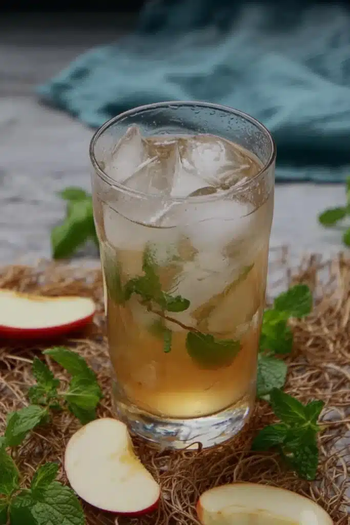 Glass with ice, mint leaves, and apple juice for apple iced tea